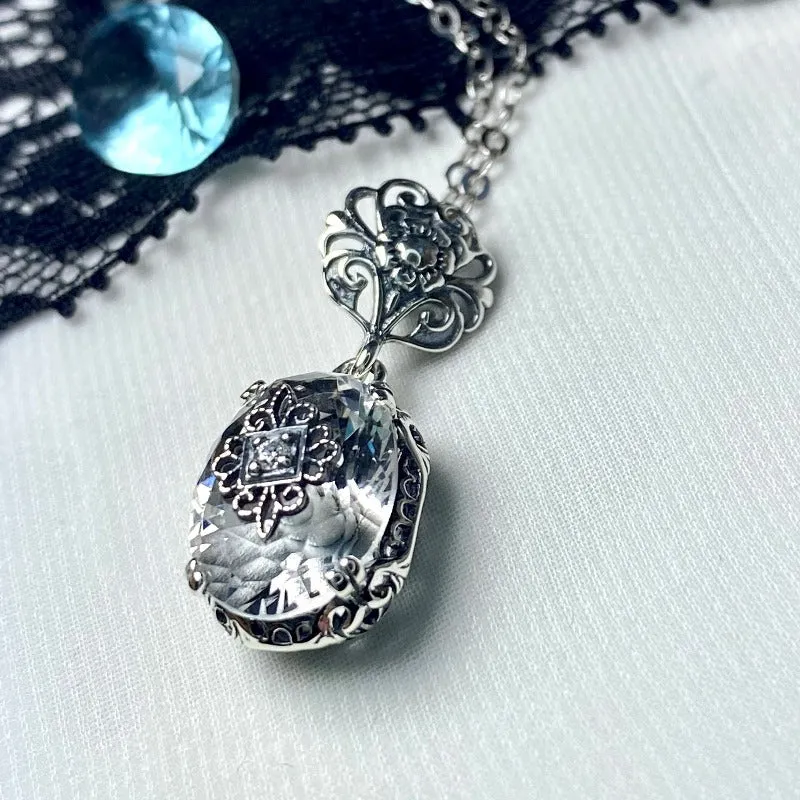 White Topaz Pendant, Embellished Edwardian Necklace #P70e - Ready to Ship