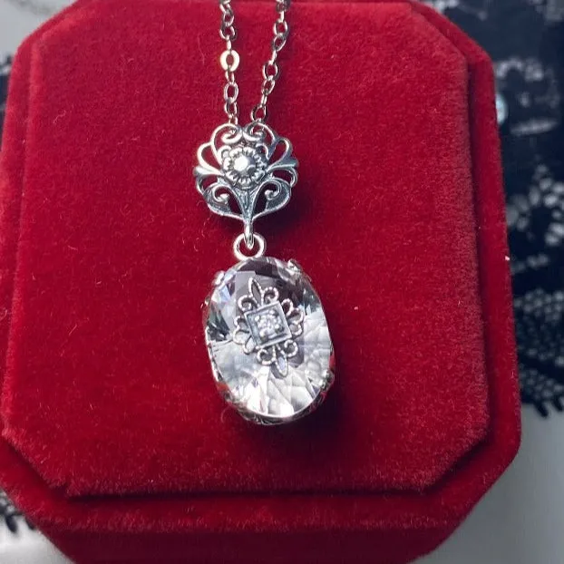 White Topaz Pendant, Embellished Edwardian Necklace #P70e - Ready to Ship