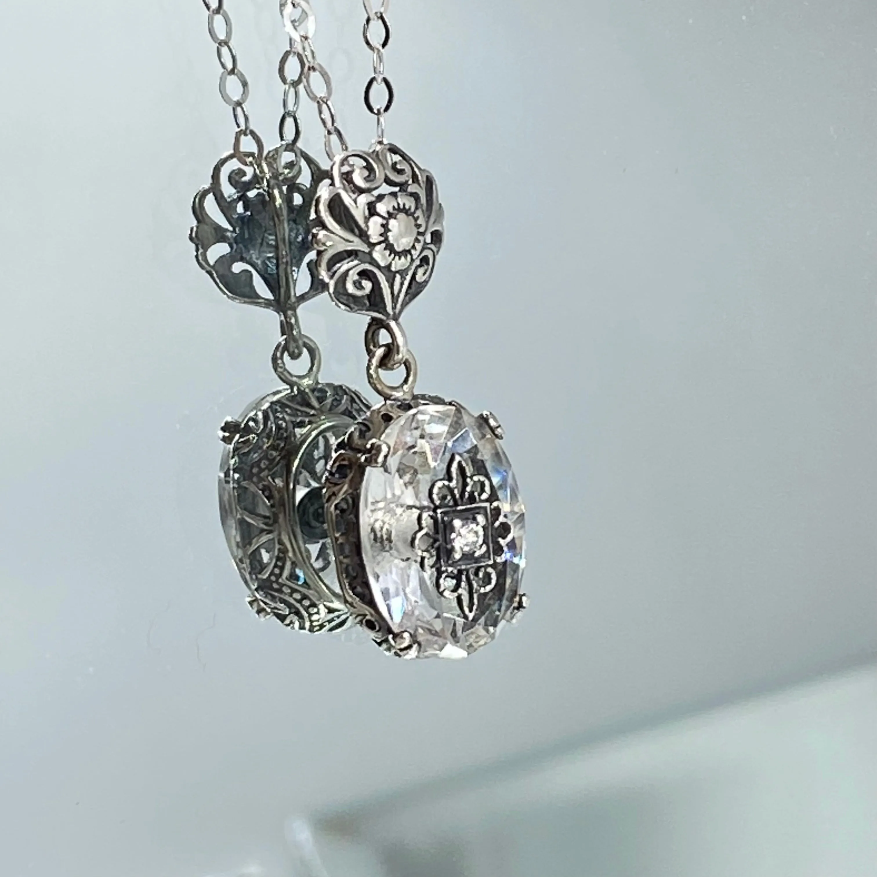 White Topaz Pendant, Embellished Edwardian Necklace #P70e - Ready to Ship