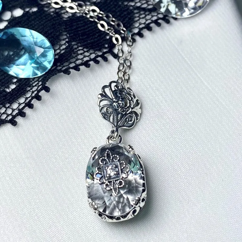 White Topaz Pendant, Embellished Edwardian Necklace #P70e - Ready to Ship