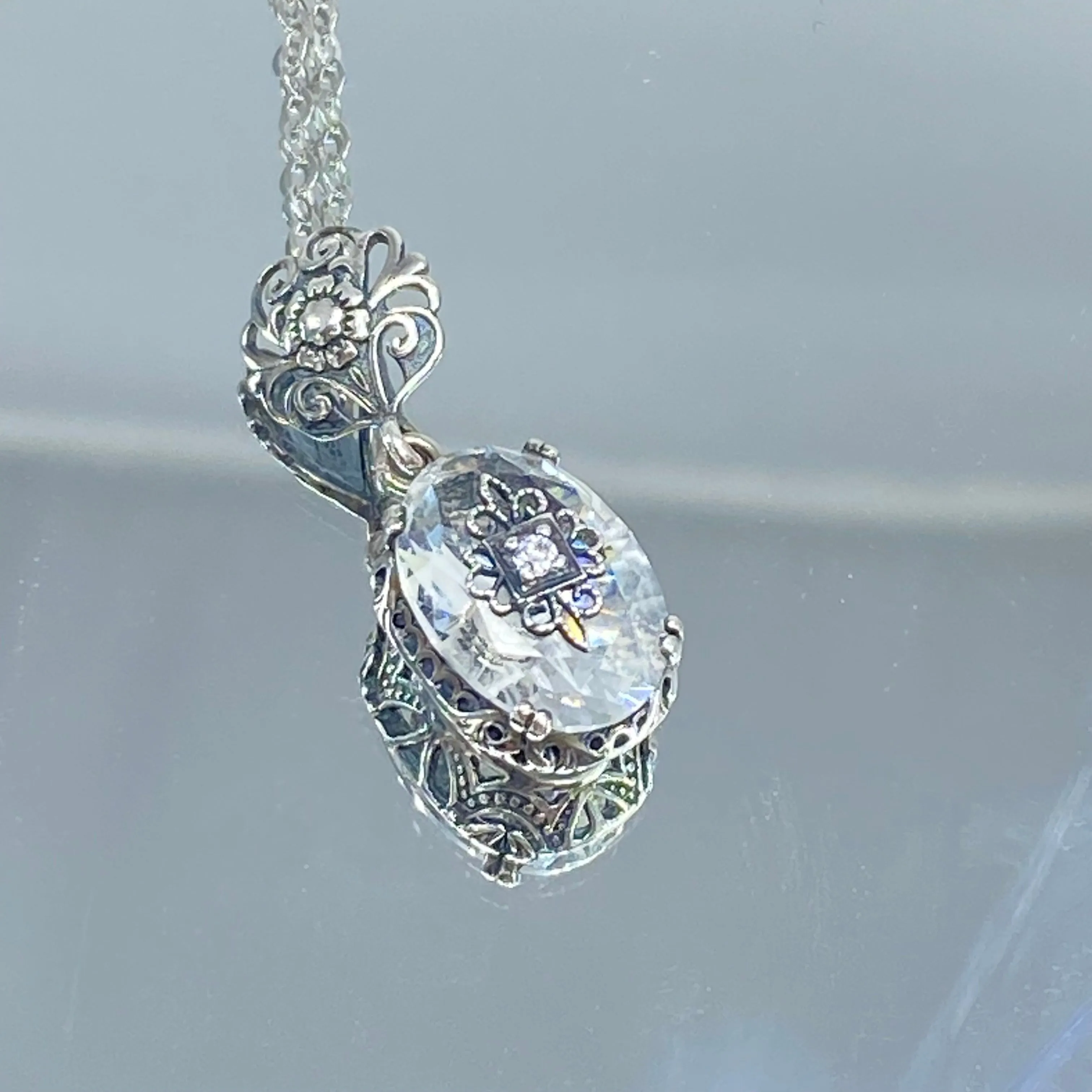White Topaz Pendant, Embellished Edwardian Necklace #P70e - Ready to Ship