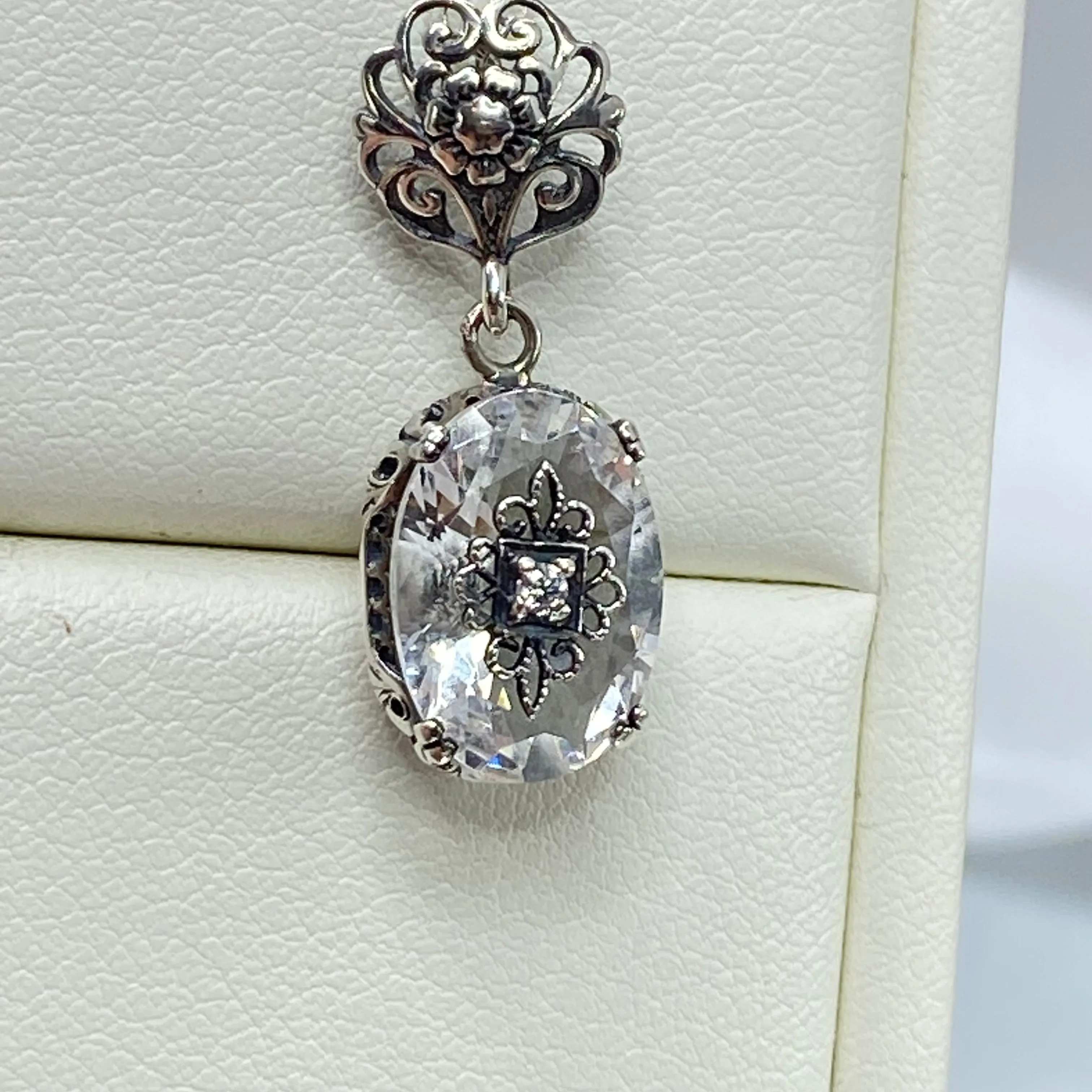 White Topaz Pendant, Embellished Edwardian Necklace #P70e - Ready to Ship