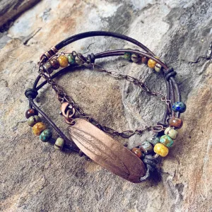 willow leaf // copper or antique silver plated pewter leather and chain wrap bracelet