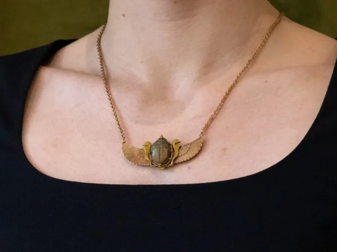 Winged Faience Scarab Egyptian Revival Necklace