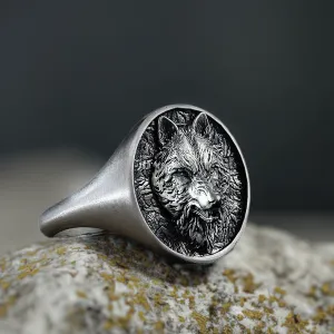 Wolf Handmade Signet Ring for Men Matte 925 Silver