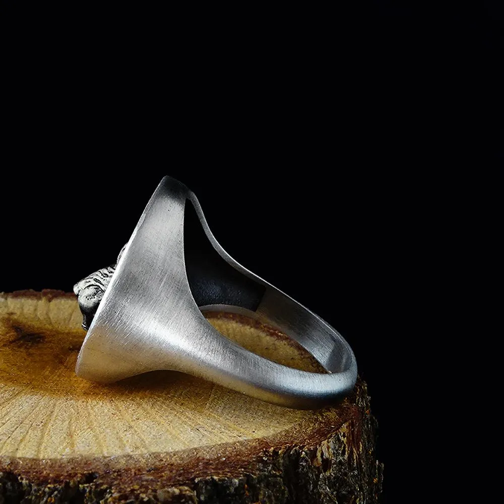 Wolf Handmade Signet Ring for Men Matte 925 Silver