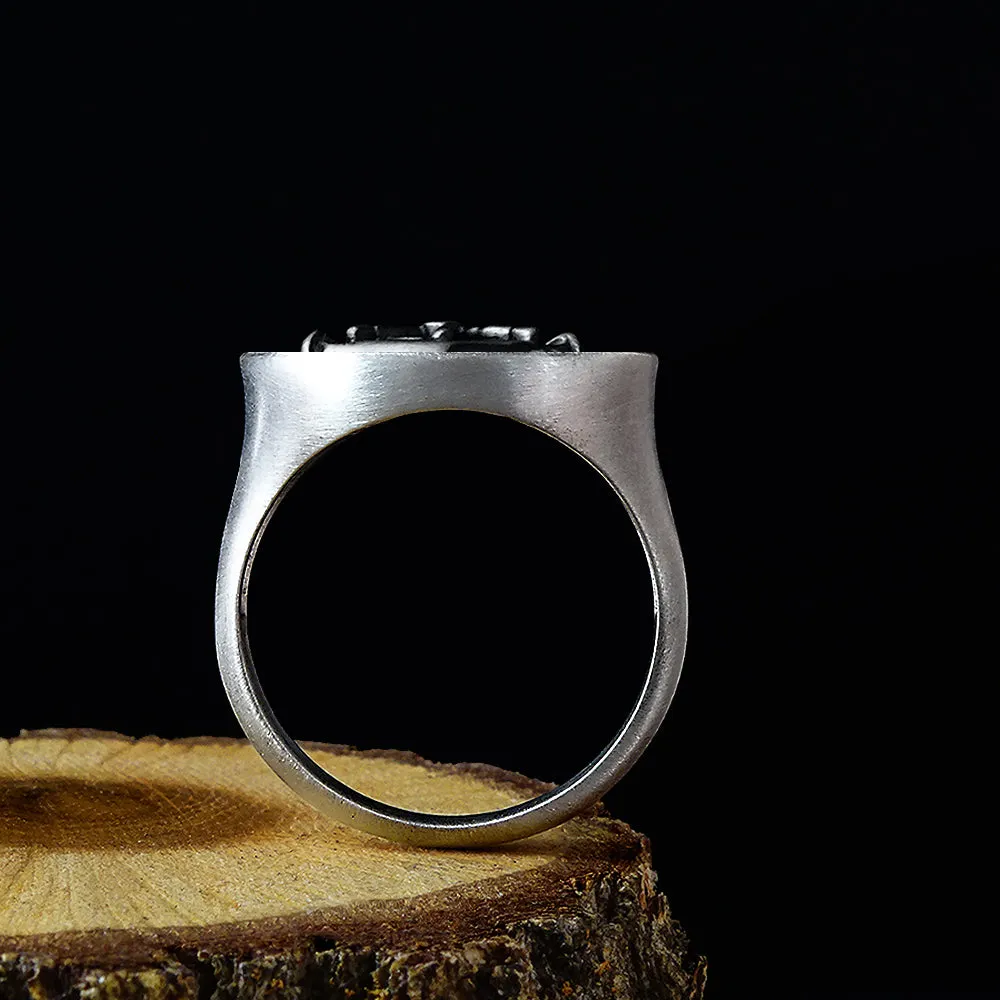 Wolf Handmade Signet Ring for Men Matte 925 Silver