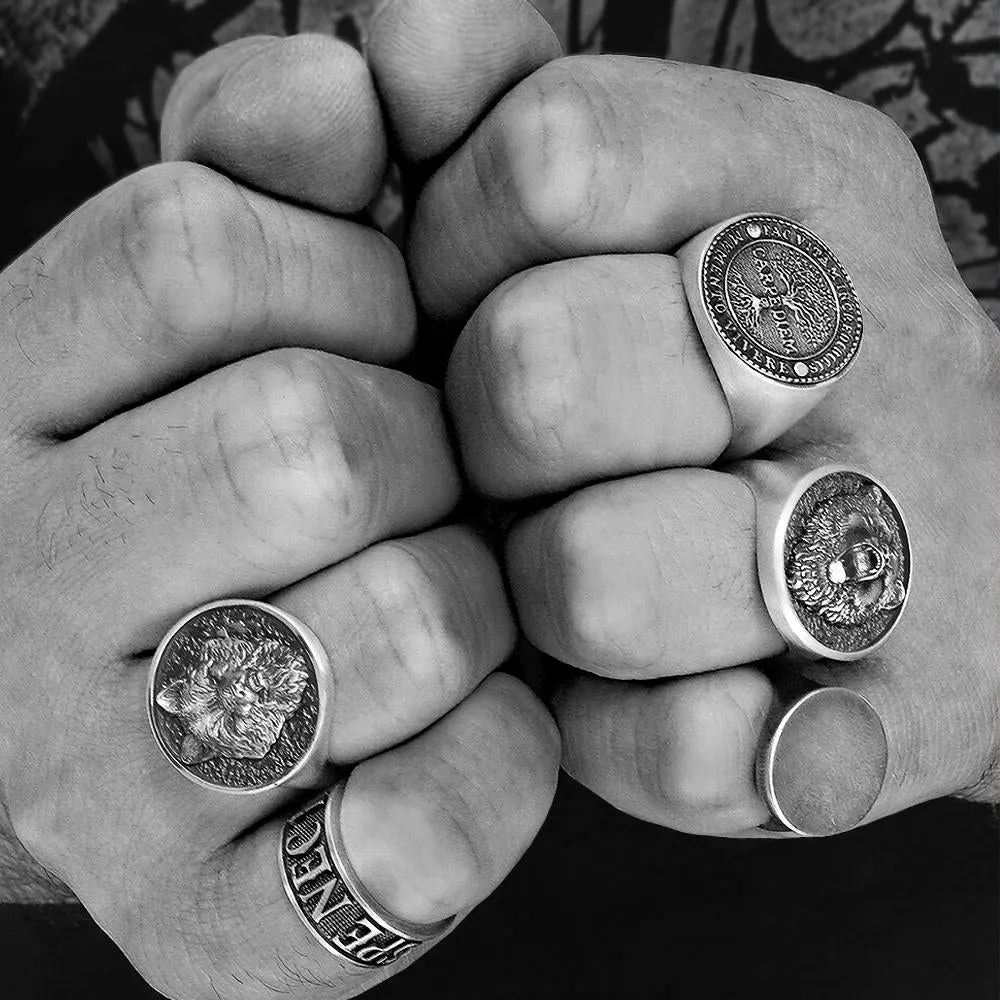 Wolf Handmade Signet Ring for Men Matte 925 Silver