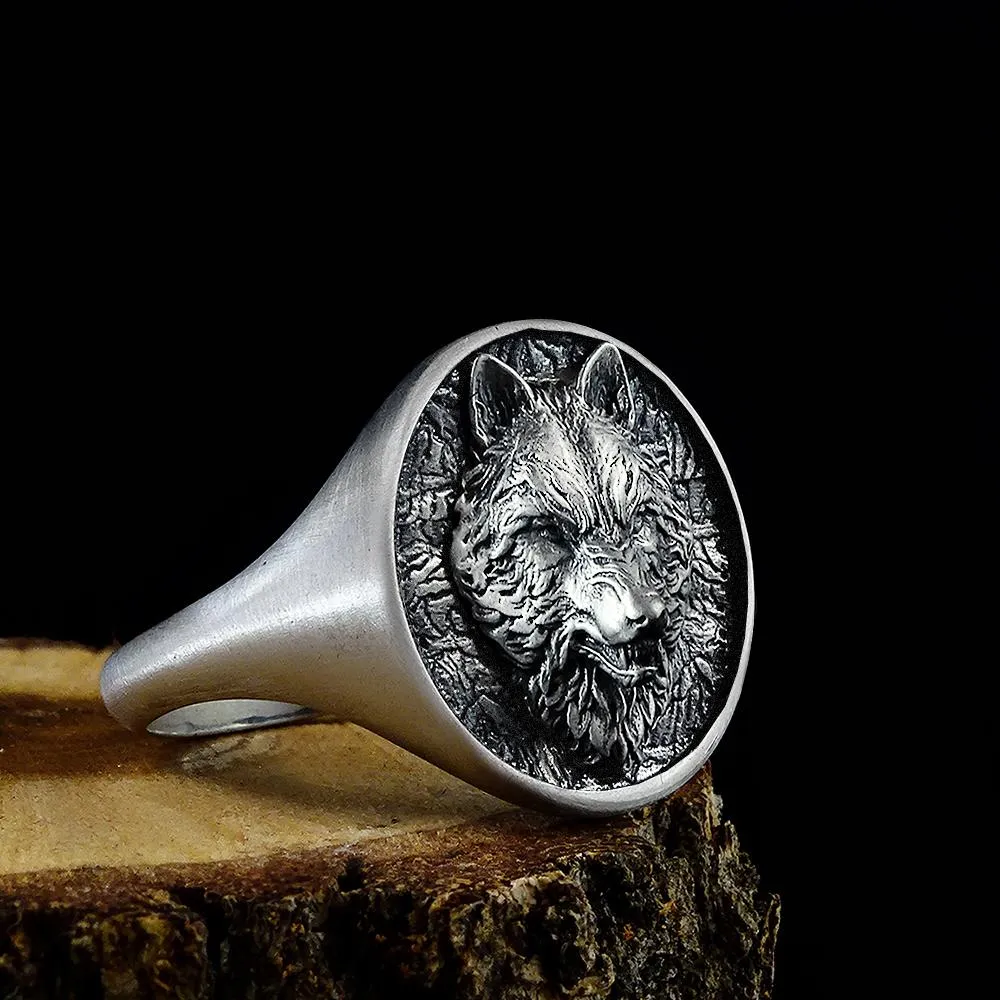 Wolf Handmade Signet Ring for Men Matte 925 Silver