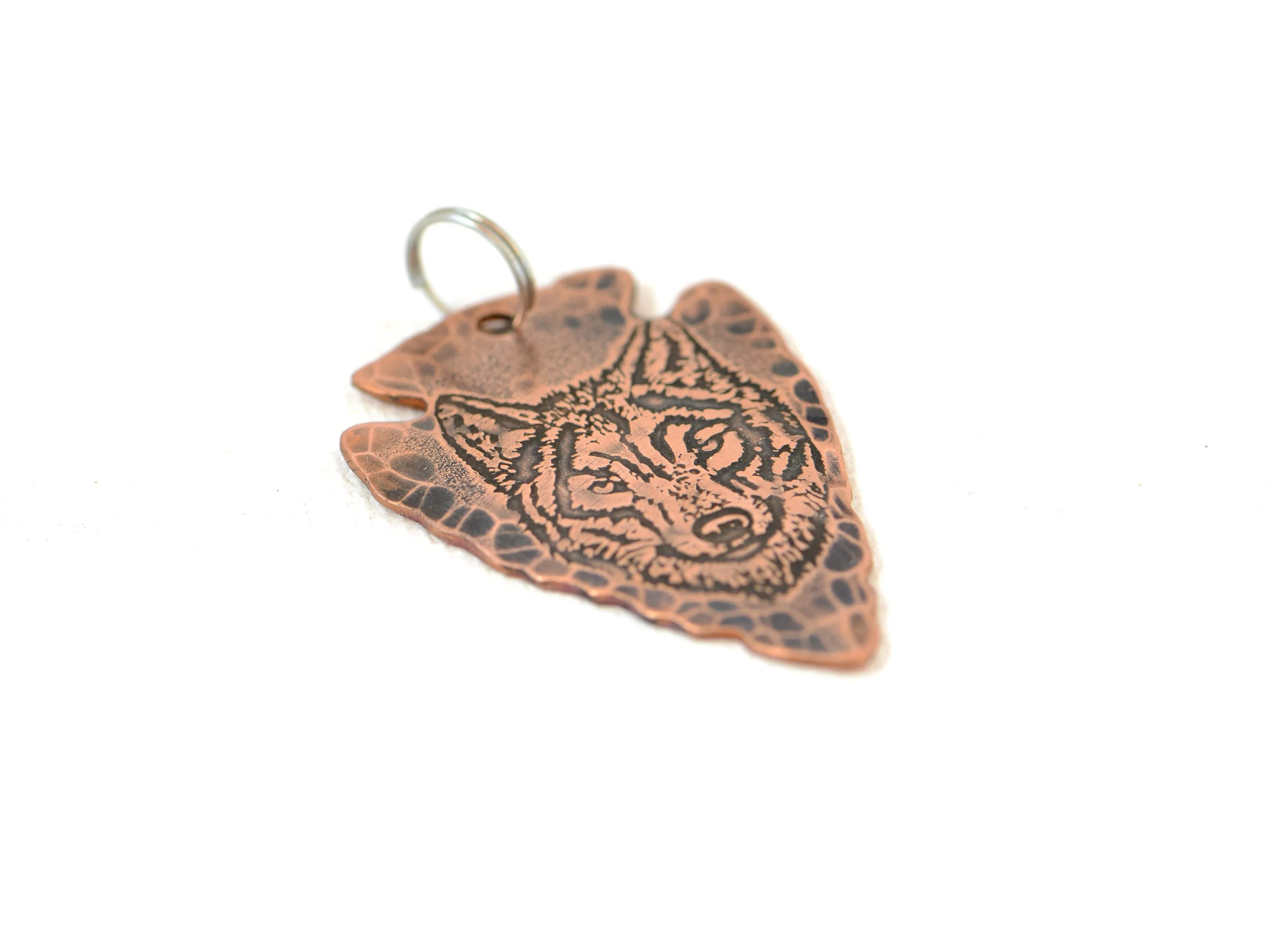 Wolf on Hammered Copper Arrowhead Necklace