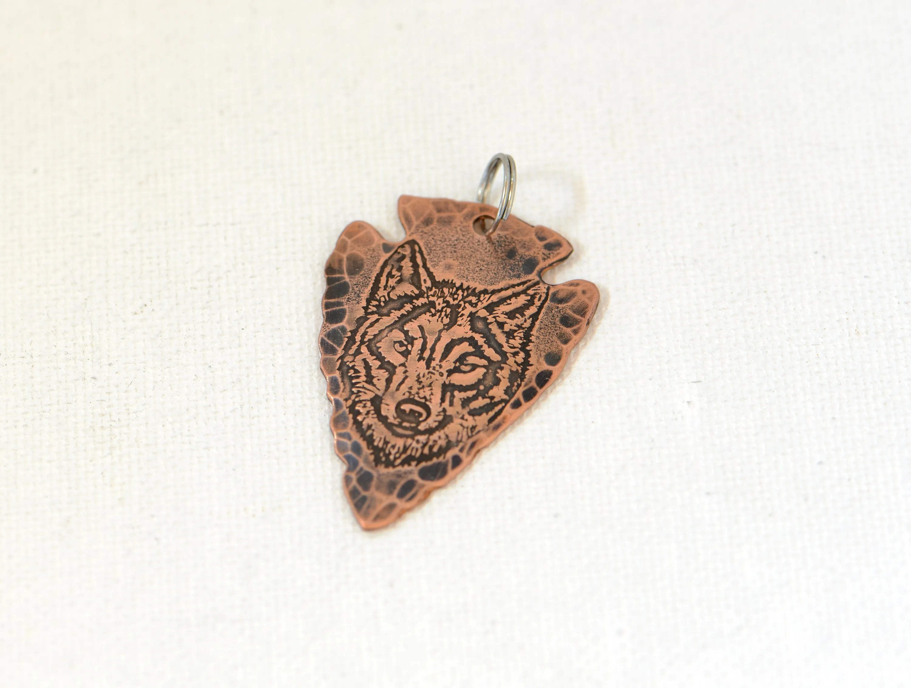 Wolf on Hammered Copper Arrowhead Necklace