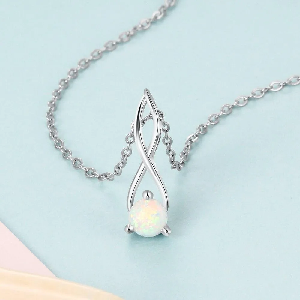 Women 925 Sterling Silver Infinity Pendant Necklace with Love Opal Stone, Party Jewelry