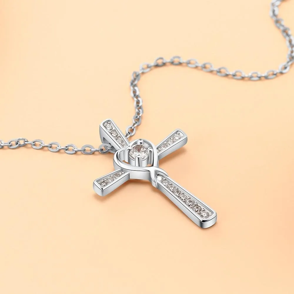 Women 925 Sterling Silver Necklace with CZ Stone Cross & Heart Pendant, Wedding Jewelry Necklace