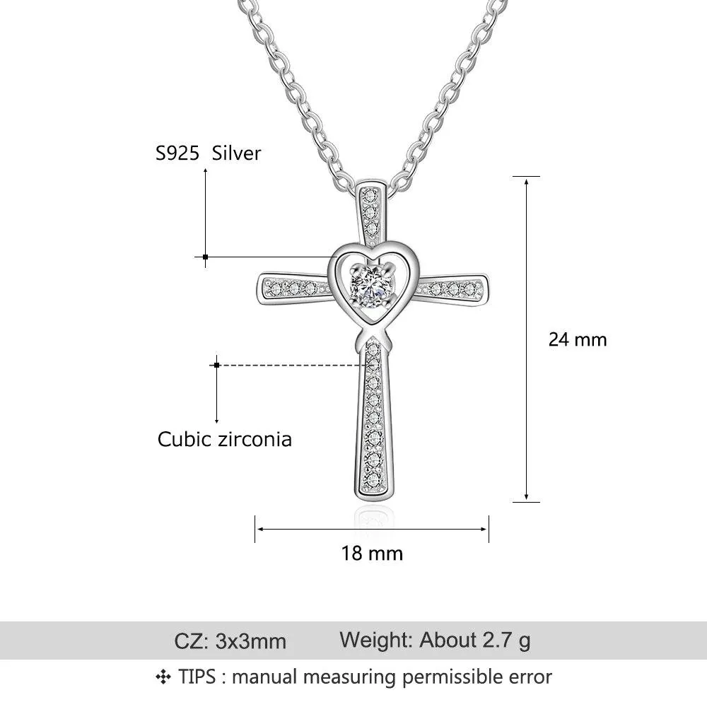 Women 925 Sterling Silver Necklace with CZ Stone Cross & Heart Pendant, Wedding Jewelry Necklace