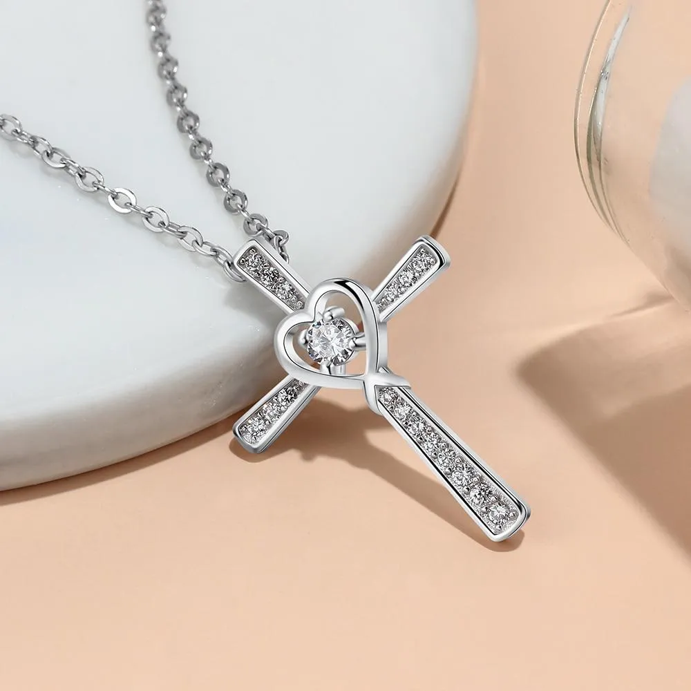 Women 925 Sterling Silver Necklace with CZ Stone Cross & Heart Pendant, Wedding Jewelry Necklace