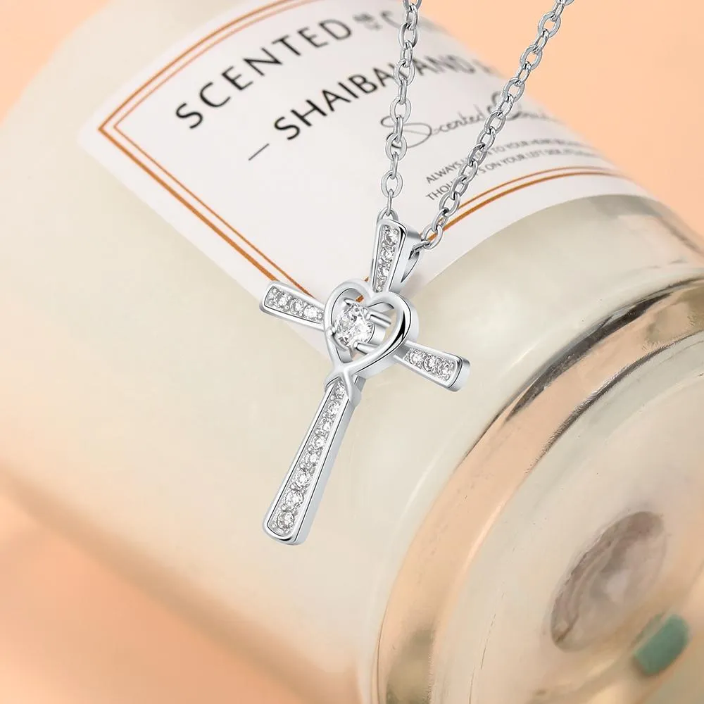 Women 925 Sterling Silver Necklace with CZ Stone Cross & Heart Pendant, Wedding Jewelry Necklace