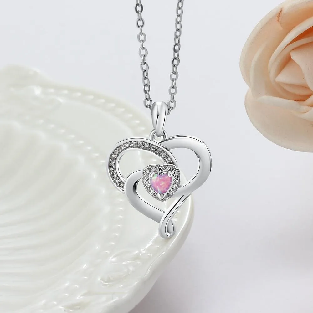 Women 925 Sterling Silver Necklace with Pink Opal Stone Heart Design Pendant, Party Jewelry
