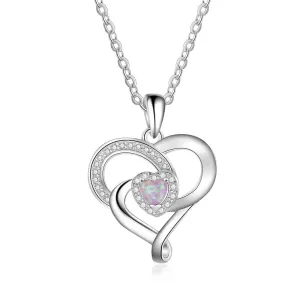 Women 925 Sterling Silver Necklace with Pink Opal Stone Heart Design Pendant, Party Jewelry