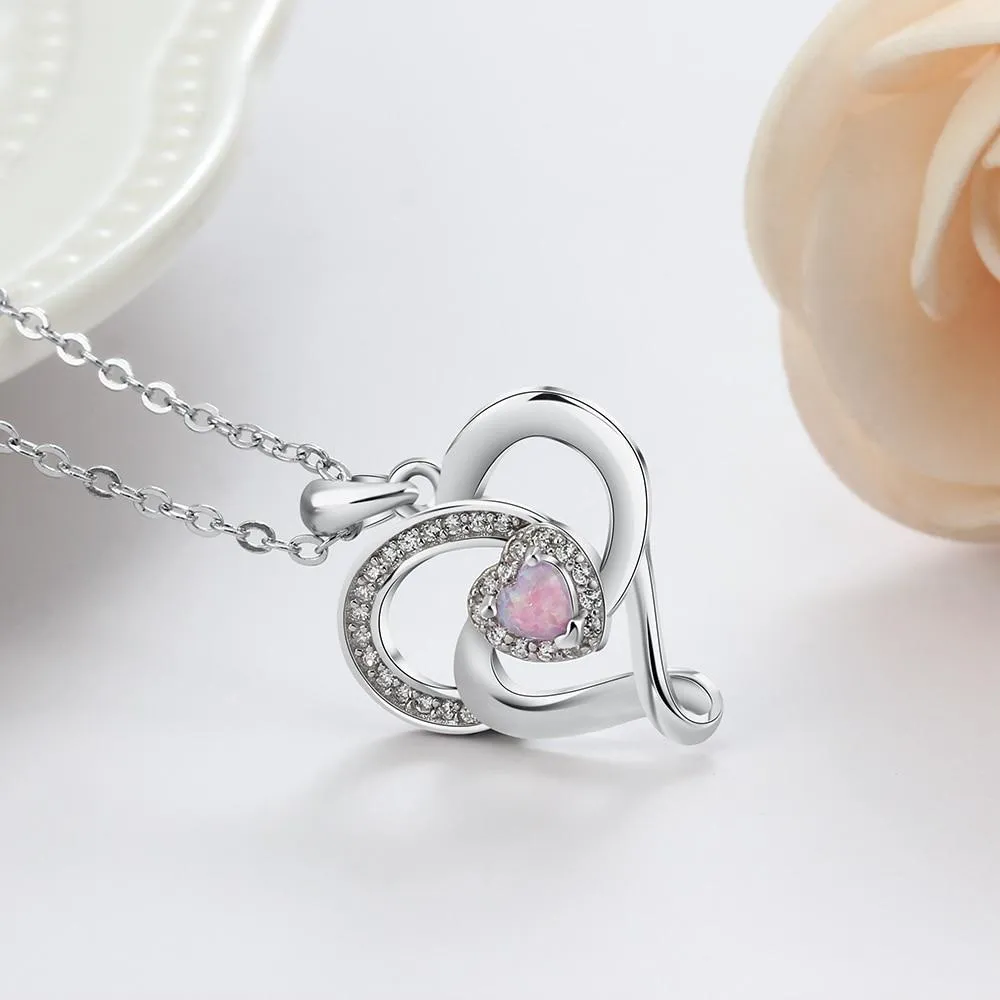 Women 925 Sterling Silver Necklace with Pink Opal Stone Heart Design Pendant, Party Jewelry