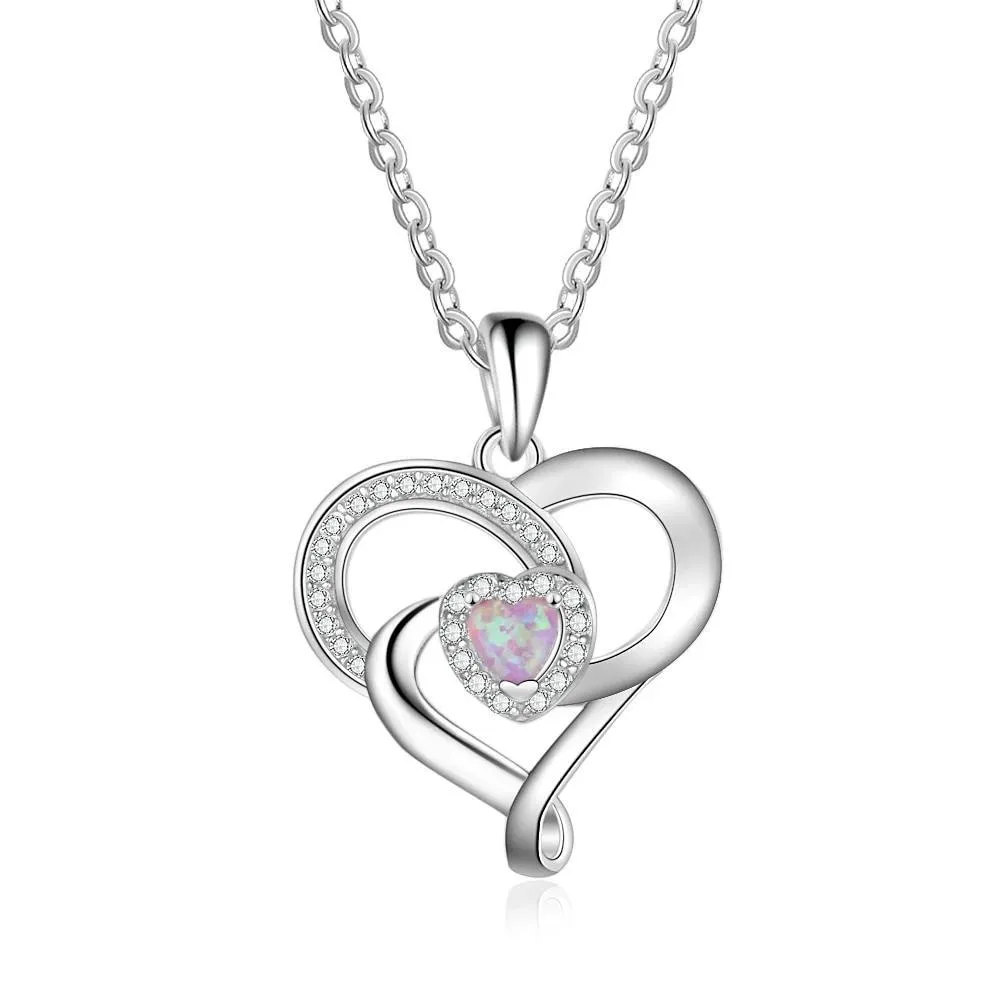 Women 925 Sterling Silver Necklace with Pink Opal Stone Heart Design Pendant, Party Jewelry