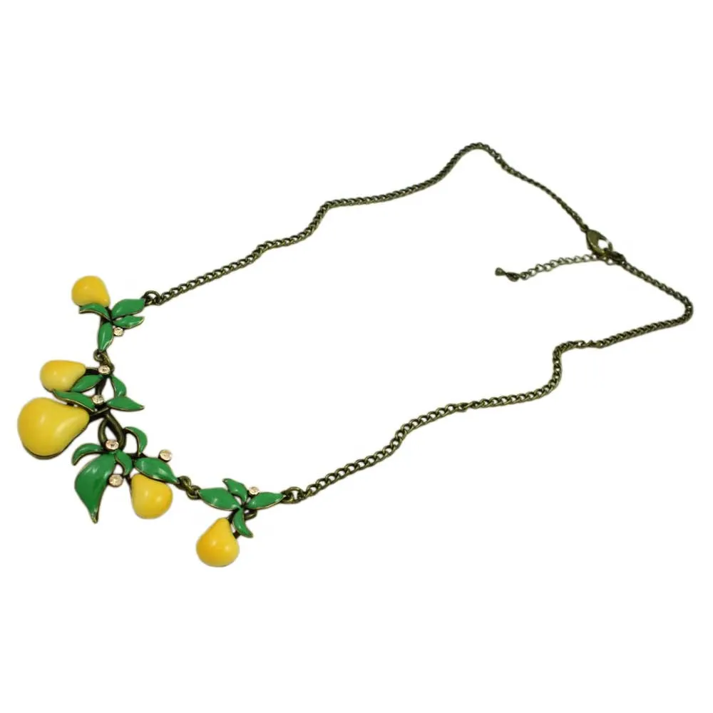 Yellow Enamel Pears with Green Leaves Necklace - FN403
