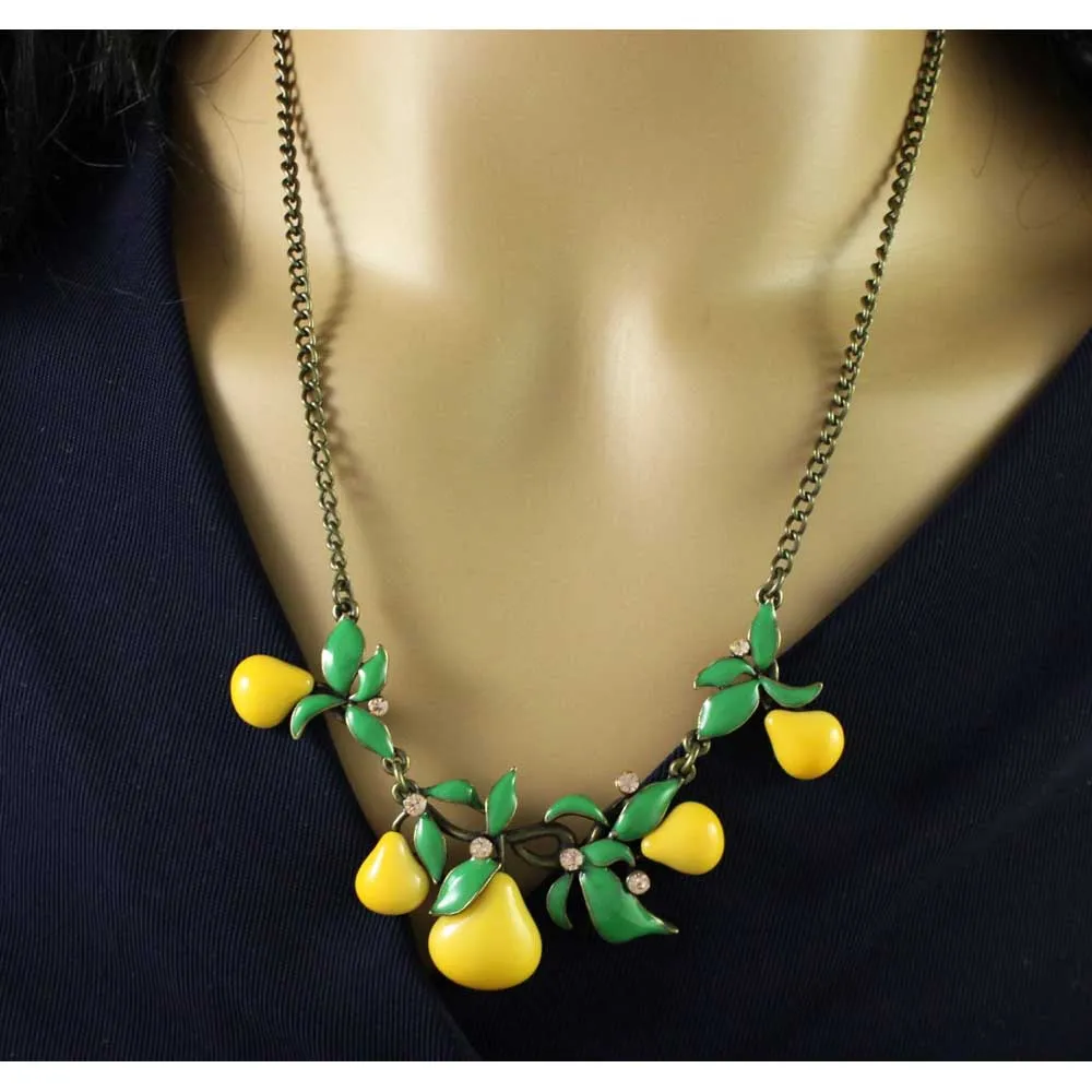 Yellow Enamel Pears with Green Leaves Necklace - FN403