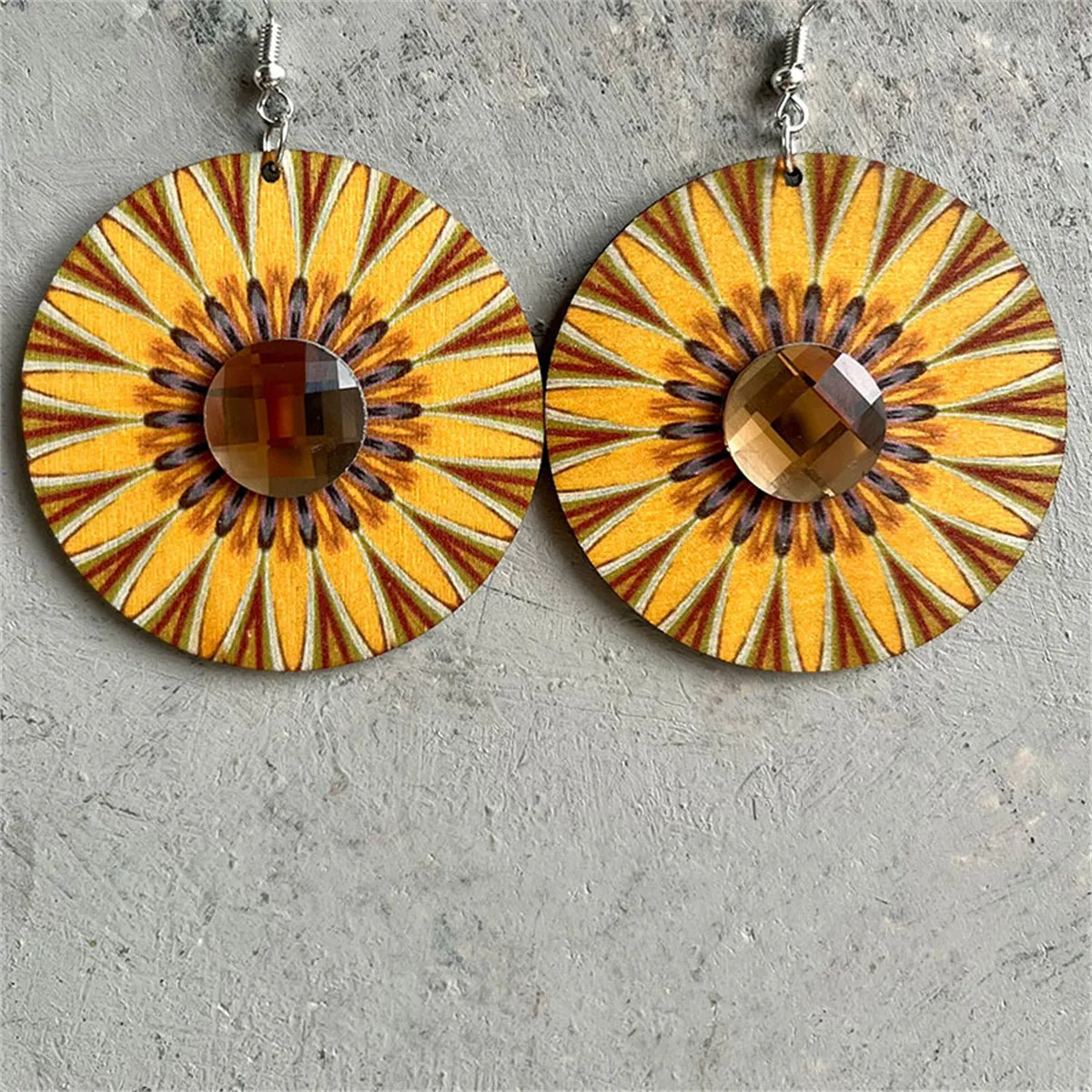 Yellow Wood & Crystal Flower Round Drop Earrings