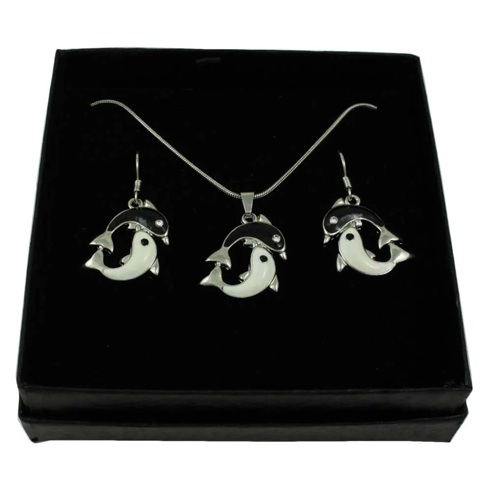 Yin Yang Dolphin Necklace and Earring Jewelry Gift Set - PT801BS