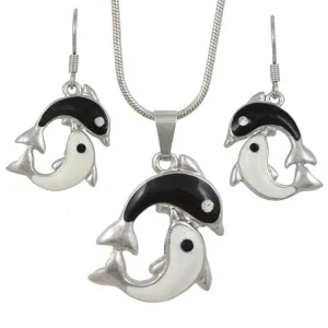 Yin Yang Dolphin Necklace and Earring Jewelry Gift Set - PT801BS