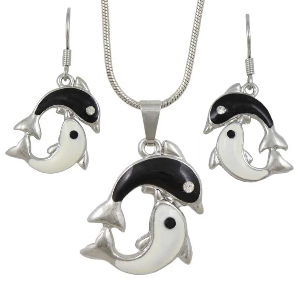 Yin Yang Dolphin Necklace and Earring Jewelry Gift Set - PT801BS